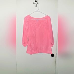 Lilly Pulitzer Size Small Silk Moxy Pink Stripe 3/4 Sleeve Pearl Button Blouse